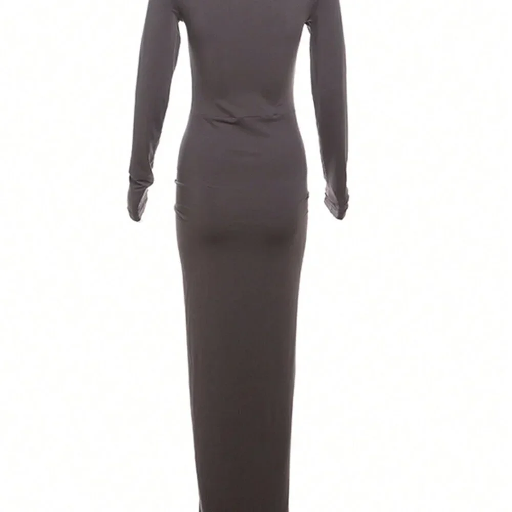 Coffee Elegant Women's Ruched Slim Waist Dress - Picture 2 of 4
